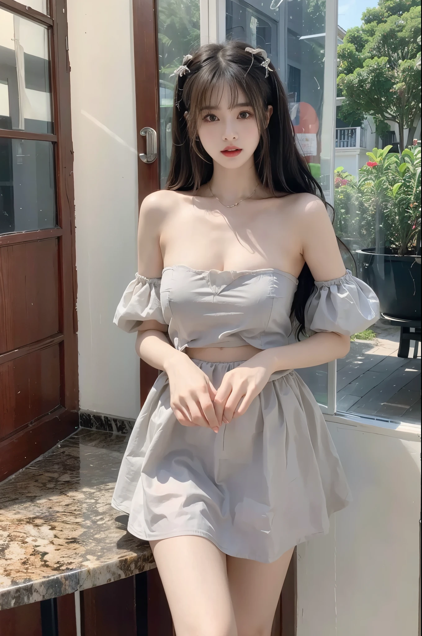 wearing puff_dress, Beauty, beautiful女人,Have a perfect body:1.4,Layered Hairstyle,((Large Breasts)), ((D cup)), Visible cleavage,Bare shoulders, Highly detailed face and skin texture,Double eyelids,Skin Whitening,Long hair,Whitening long legs,Standing by the sea, Fashion Girl, Red lips, Sweet Girl, beautiful妆容, detail, lifelike, Very detailed, Astonishing, beautiful, Young and energetic, high quality,HD, Colorful,Beautifully, Smooth skin, The skirt is very short, Lifting the skirt with hands, Elegant and charming gesture, Official Art, Extremely detailed, Movie atmosphere, Soft colors, Natural skin texture,