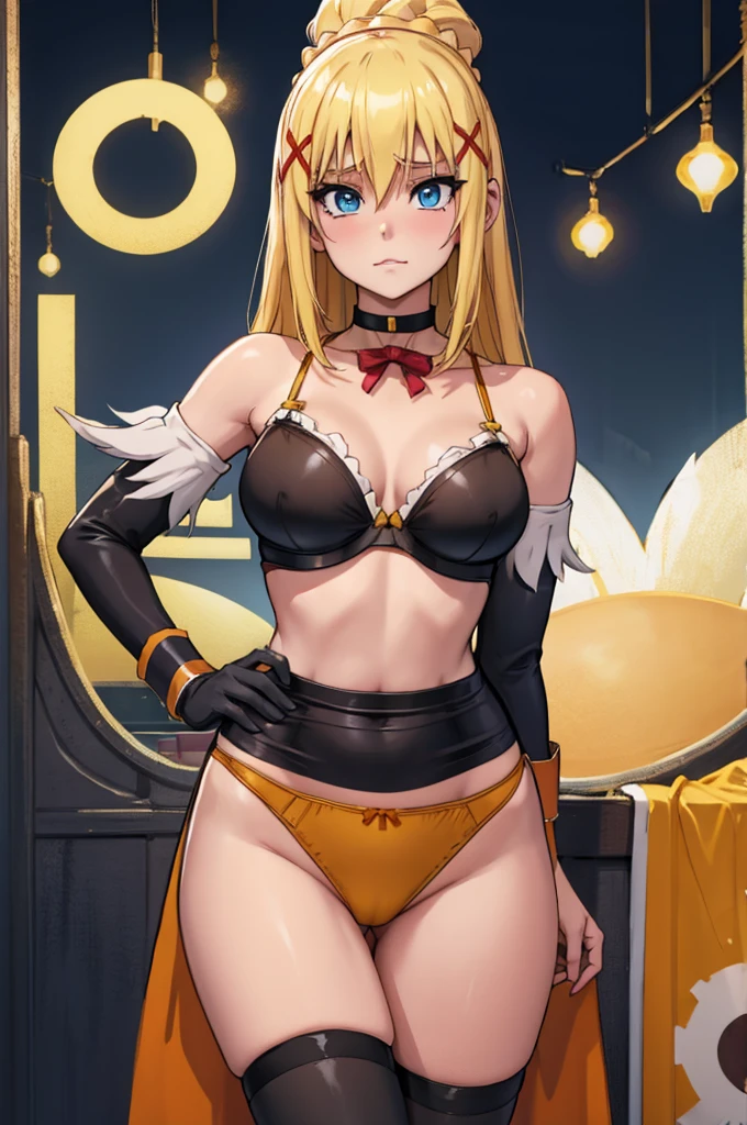 Darkness from KonoSuba, hoy horny and sexy blonde girl, yellow-orange bra and panties, stockings, choker