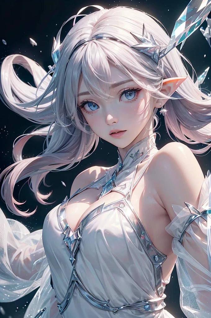 (masterpiece、Highest品質、Highest、Official Art、Beautiful and aesthetic、Long Exposure:1.2)、Smooth movement、Attractive patterns、One Girl、(Long dress with sleeves:1.3)、(((White clothes)))、Upper body close-up、Exposing shoulders、Korean Girls、blush、Pink twin tail hair、Portraiture、solo、Upper body、Looking at the observer、Detailed Background、Detailed face、(Crystallized AI、Crystal Theme:1.1)、Elemental Wind Elf、回転Wind、 Wind、White crystal clothes、Dynamic pose、Suspended particles、Aether Dynamics、旋Wind、vapor、背景に旋Wind、White Tone、旋Wind、Ethereal atmosphere、