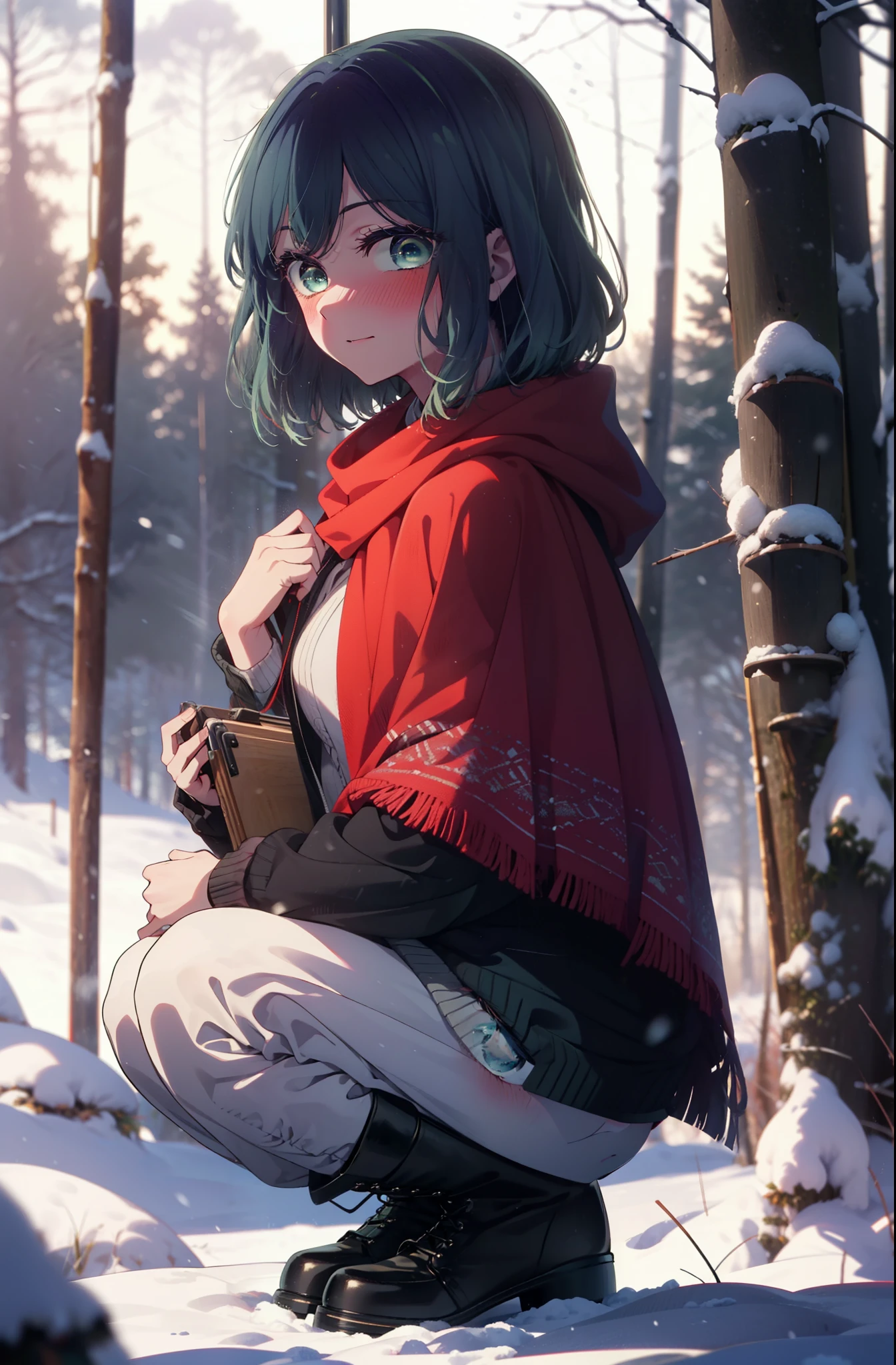 akanekurokawa, akane kurokawa, bangs, (Green Eyes:1.3), Blue Hair, Medium Hair, dark Blue Hair,smile,blush,White Breath,
Open your mouth,snow,Ground bonfire, Outdoor, boots, snowing, From the side, wood, suitcase, Cape, Blurred, , forest, White handbag, nature, Squat, Mouth closed, Cape, winter, Written boundary depth, Black shoes, red Cape break looking at viewer, Upper Body, whole body, break Outdoor, forest, nature, break (masterpiece:1.2), Highest quality, High resolution, unity 8k wallpaper, (shape:0.8), (Beautiful and beautiful eyes:1.6), Highly detailed face, Perfect lighting, Highly detailed CG, (Perfect hands, Perfect Anatomy),