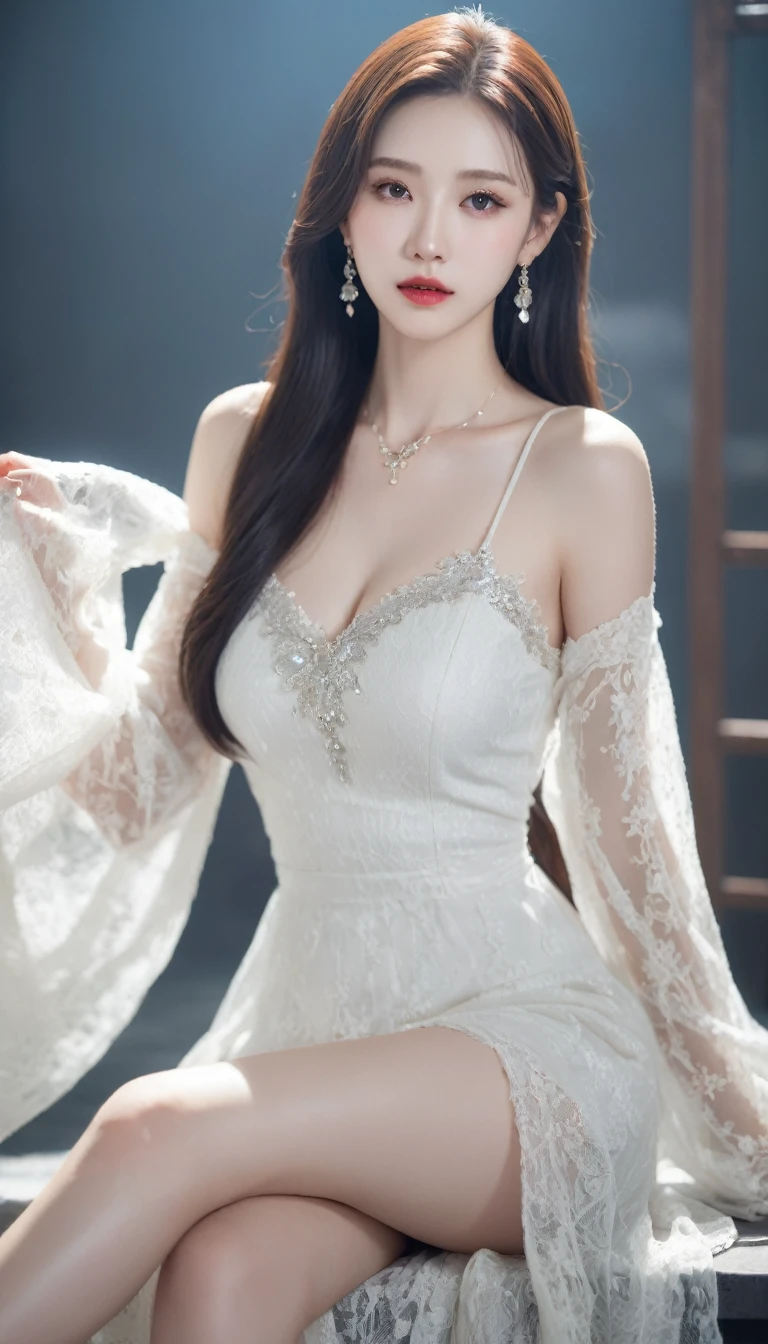 (extra detailed body、extra detailed face、best qualtiy:1.2)、woman、looking at the viewers、(White marbling pattern dress、White fluffy in the sky、Big fancy earrings、a necklace)、(White artistic architectural chaos on background:1.4)