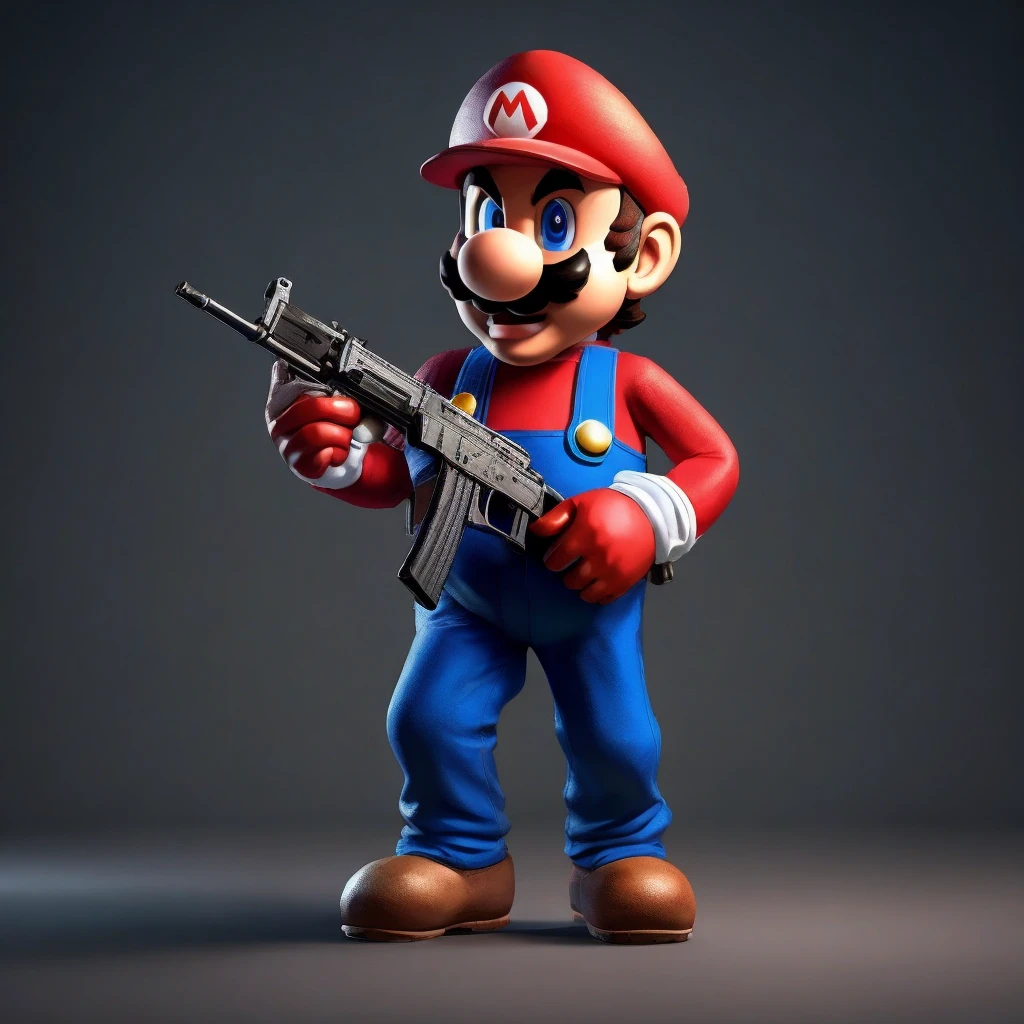 Mario hold an assault rifle in his hands