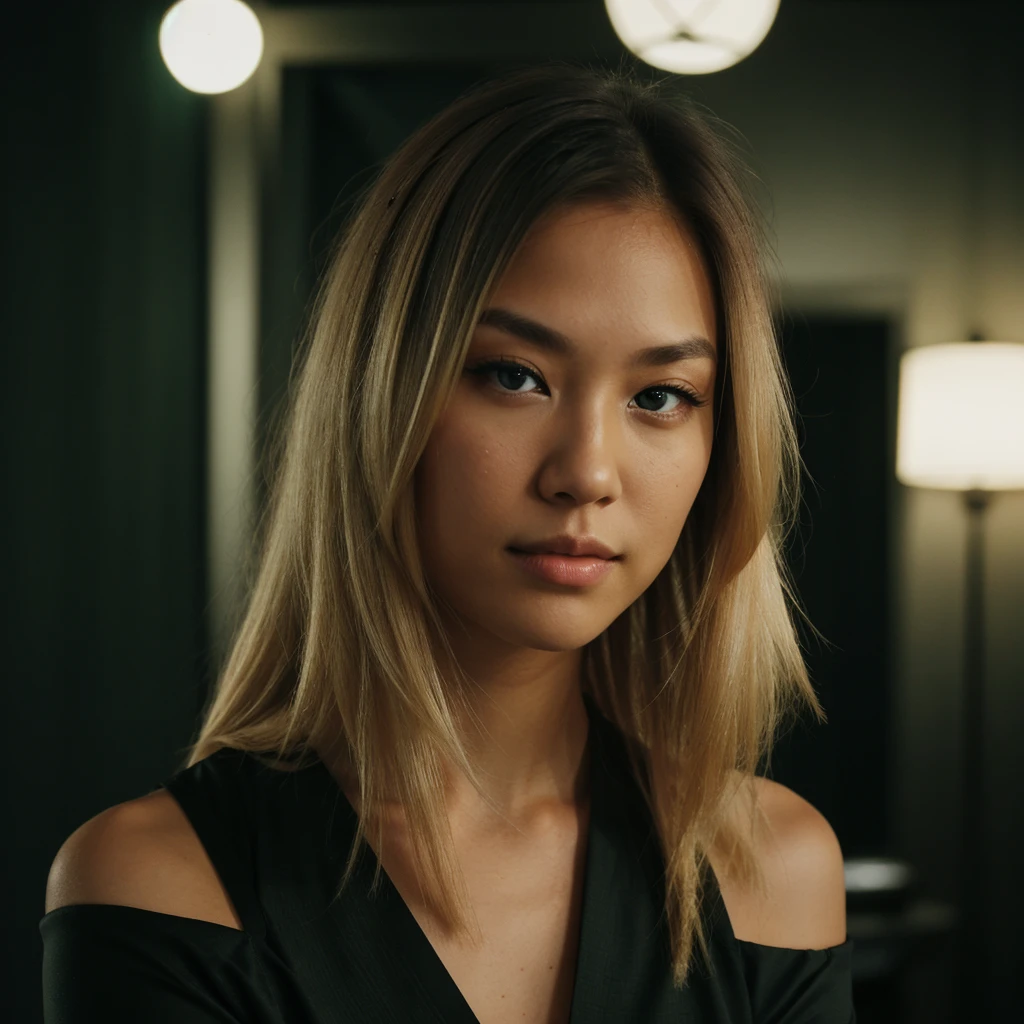 an eye contact of a blond with shoulder length hair and dark theme. Half American half Asian. With a green screen.