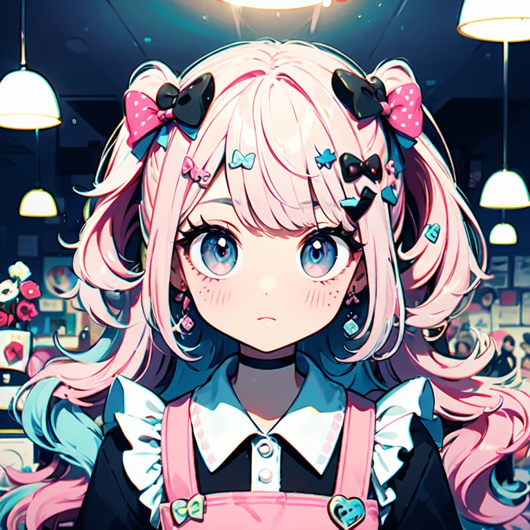 masterpiece, Highest quality, Very detailed, Beautiful Shadows, Cinema Lighting, Studio Lighting, cute, cute, Big eyes, Flower pattern in pupil, Well-shaped pupils , cute polka dot pattern on bows, Plaid, ((Pale pink hair))，Powder blue eyes，Wearing pink and blue maid clothes，Pure white cute girl,whole body, Full Shot, Retro, Valletta, Decora, Lots of accessories