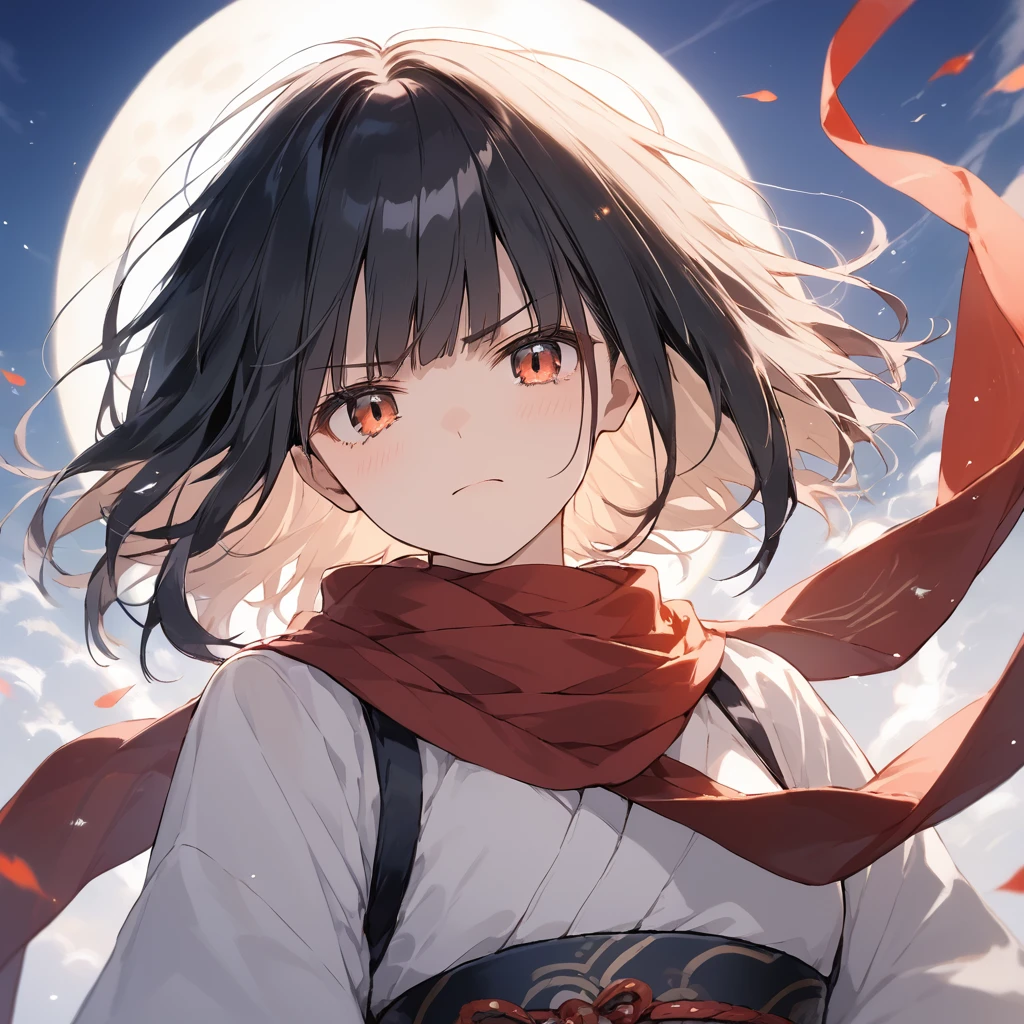 score_9, score_8_up, score_7_up, source_anime, best quality, masterpiece,ultra-detailed,official art, absurdres, highres, waifu2x, break,1girl, ninja girl, short hair, blunt bangs, small breasts, beautiful detailed eyes, disgust , obi, scarf, night, wind, rooftop, moon, outdoors, break,(clear line illustration:1.2),very high resolution, very aesthetic, super detailed skin, Best cinematic lighting powered by famous artist, 8k,cool picture,beauty illustration,photoshop_(medium),,(Detailed Lighting),best anime 8k konachan wallpaper, pixiv contest winner,