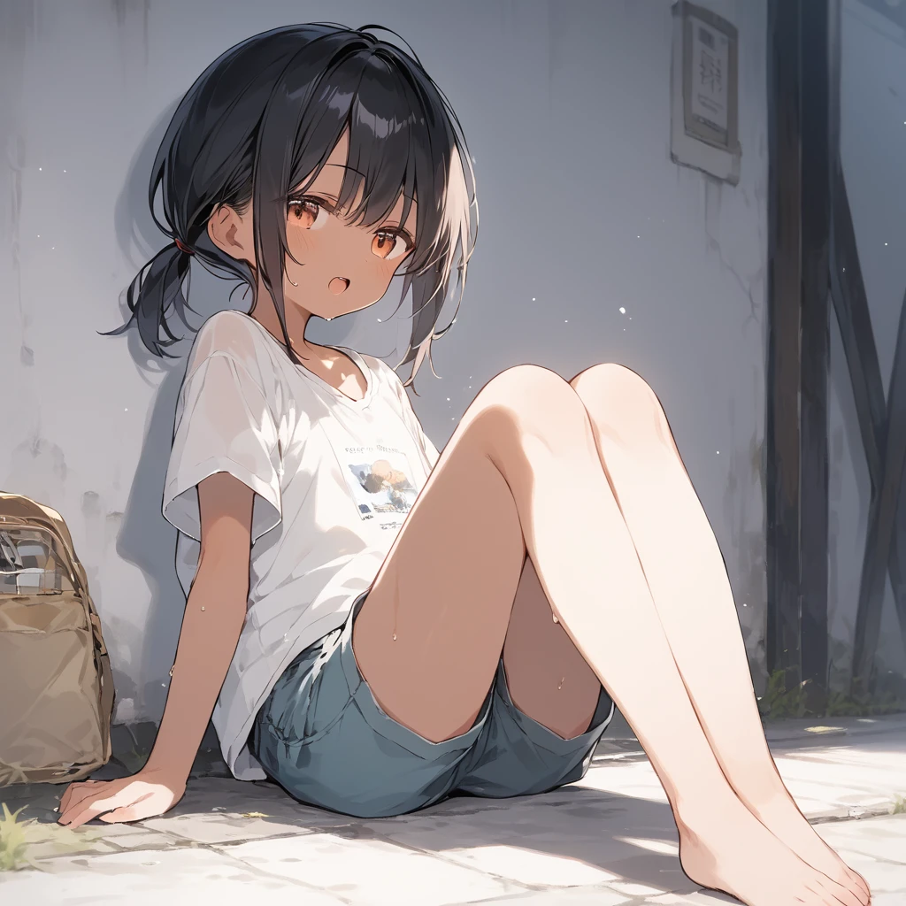 score_9, score_8_up, score_7_up, source_anime, best quality, masterpiece, official art, absurdres, highres, ultra-detailed,waifu2x,Collection: Slice of Life,break,1girl, tomboy, dark-skinned female, short hair, low ponytail, flat chest, beautiful detailed eyes, short shorts, sweat, open mouth, (yawn:0.3), sleepily, outdoors, wind, break,(clear line illustration:1.2),very high resolution, very aesthetic, super detailed skin, Best sexual lighting powered by famous artist, 8k,cute picture,beauty illustration,photoshop_(medium),,(Detailed Lighting),best anime 8k konachan wallpaper, pixiv contest winner,