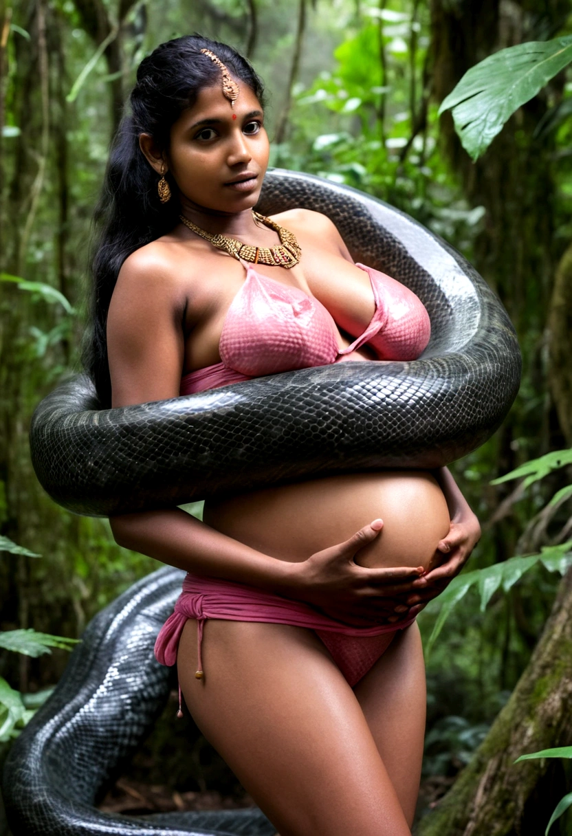 Pregnant Topless pink thong wearing aroused horny beautiful happy young Indian girl vs Giant colossal black anaconda monster wrapped around her body squeezing her in coiled embrace cuddling and kissing sexual erotic bestiality sex realistic in the rainforest full body, best quality wet