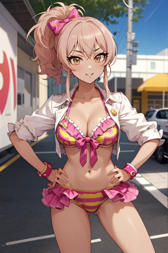 masterpiece, best quality, highres, aamika, ponytail, hair bow, , standing, cowboy shot, outdoors, hands on hips, smile,(,gyaru:1.5),bikini