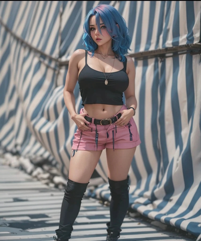 Beautiful girl, sexy slim fit body, blushed cheeks, pink lipstick , gorgeous eyes , crop top ,blue hair  