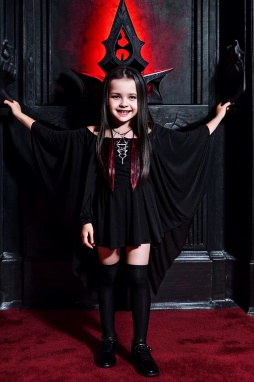 Full body view of a 4 year old vampire girl showing off her fangs in a satanic temple