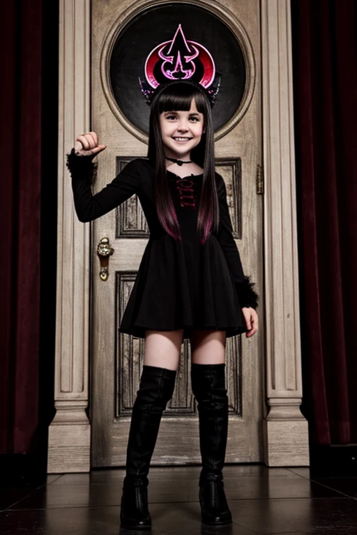 Full body view of a 4 vampire girl showing off her fangs in a satanic temple