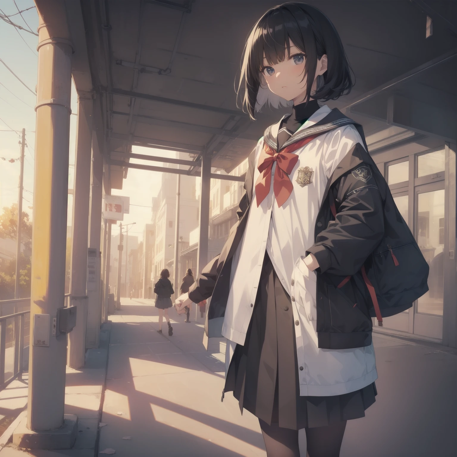 ultra-absurdres-Top quality by artist God, ultra-detailed, high resolution, anime moe artstyle, best anime 8k konachan wallpaper, pixiv contest winner, pool:2810, perfect anatomy,break, 1girl, (Please draw a girl walking sleepily to school alone. )break,(Solo,little female, -yeld:1.Full limbs, complete fingers,a junior hihort hair), short cut, flat chest, , small butt, small black eyes, beautiful detailed eyes, well-proportioned iris and pupils, expressive eyes, highres detailed hair, soft expression, salor school_uniform, sailor collar, serahuku, bow, pleated skirt,(Detailed Lighting), (Detailed background), in the School commute route. break,super detailed skin, Best cinematic lighting powered by famous artist, 8k,beauty illustration,photoshop_(medium),very aesthetic,break,((artist:takafumi )), artist:clamp ,artist:carnelian ,artist:kantoku ,
