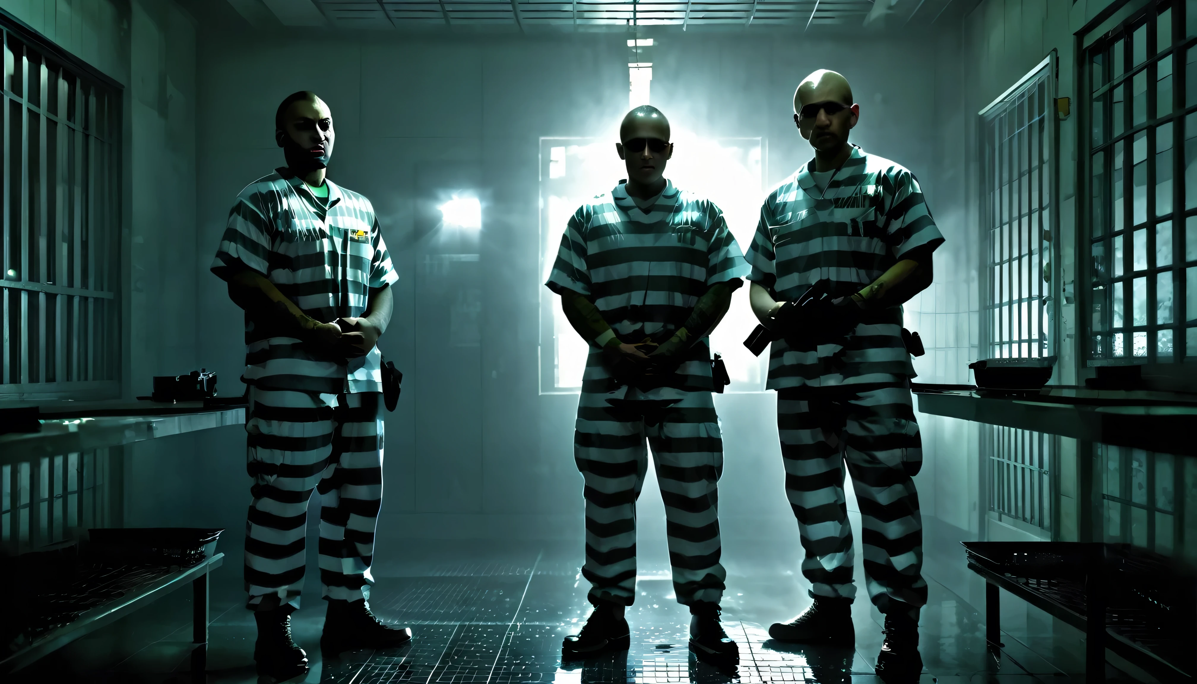 Three men in prison uniforms standing in a dimly lit room, Movie CG Association, Payday 2, cgsociety 9, Detailed cinematography, Arkham, Richard Kane Ferguson, Photorealistic Dark Concept Art, Riot Entertainment Realistic, Surreal fantasy art, Prison scene, Promotional Images, From prison, Arkham city, Game CG, Movie keyframes, Promotional Images  