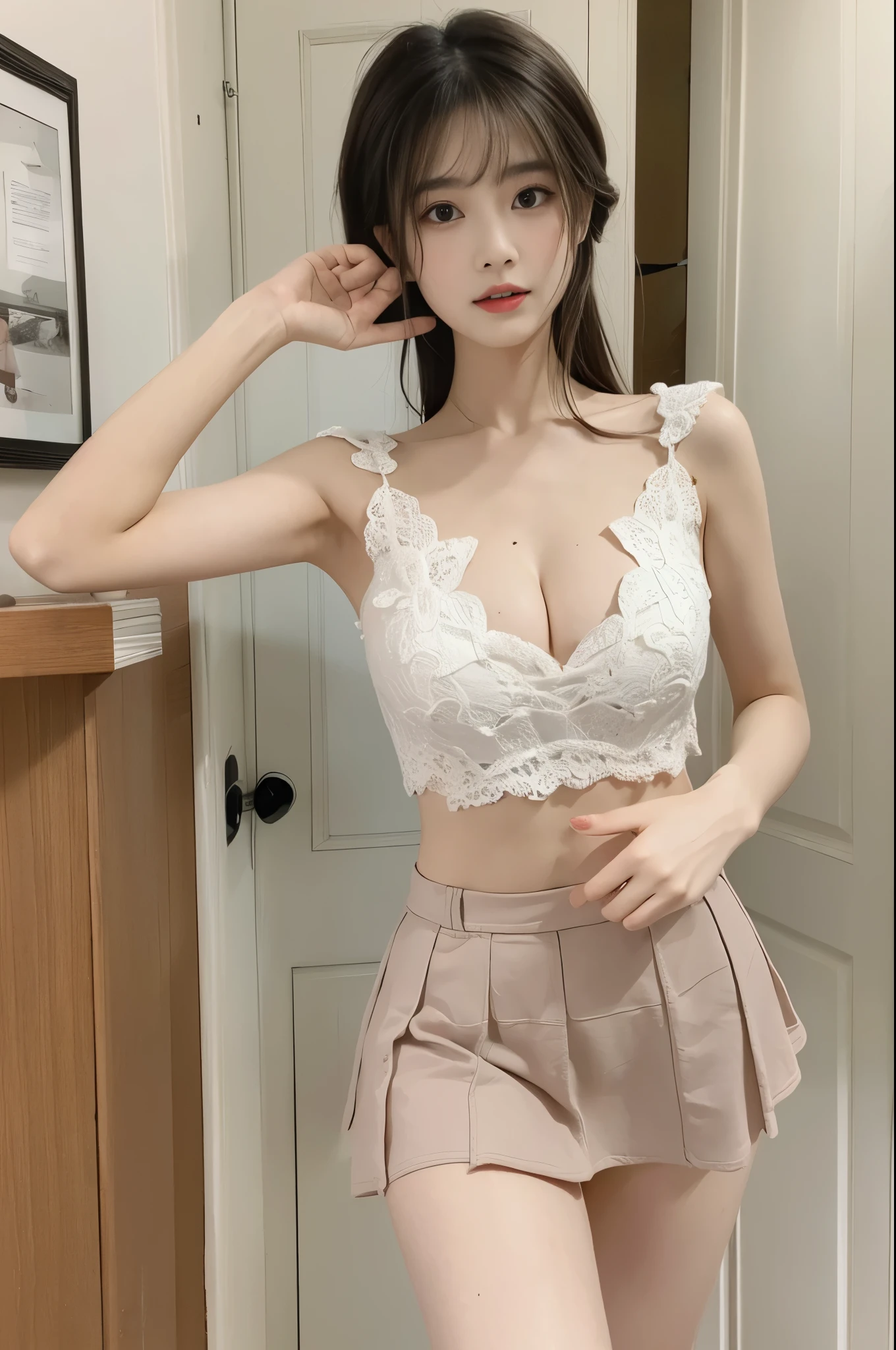 white lace,see-through, Beauty, beautiful女人,Have a perfect body:1.4,Layered Hairstyle,((Large Breasts)), ((D cup)), Visible cleavage,Bare shoulders, Highly detailed face and skin texture,Double eyelids,Skin Whitening,Long hair,Whitening long legs,Standing by the sea, Fashion Girl, Red lips, Sweet Girl, beautiful妆容, detail, lifelike, Very detailed, Astonishing, beautiful, Young and energetic, high quality,HD, Colorful,Beautifully, Smooth skin, The skirt is very short, Lifting the skirt with hands, Elegant and charming gesture, Official Art, Extremely detailed, Movie atmosphere, Soft colors, Natural skin texture,