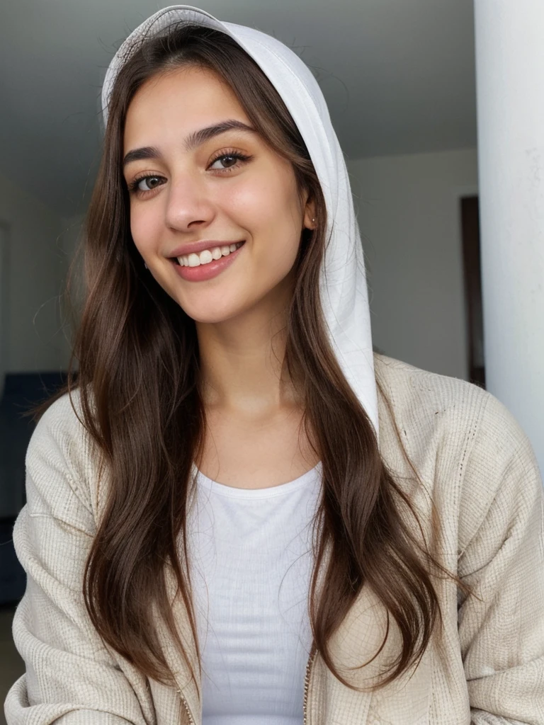 one cute women, 20YO, white, Arab, cute face, realistic brown eyes, blue jacket, brown hair, cute smile, skinny face, white realistic teethes, big eyes, long hair