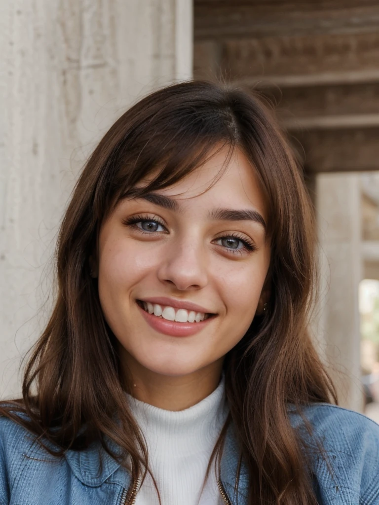 one cute women, 20YO, white, Arab, cute face, realistic brown eyes, blue jacket, brown hair, cute smile, skinny face, white realistic teethes, big eyes, long hair