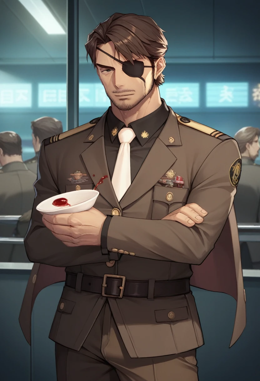 score_9, score_8_superior, score_7_superior, sauce_Anime BREAK Jero Ansen, Mature Men, Brown Hair, black eye, Facial hair, Brown jacket, White tie, belt, Brown pants, indoor, Are standing, uniform, A metal eyepatch covers one eye