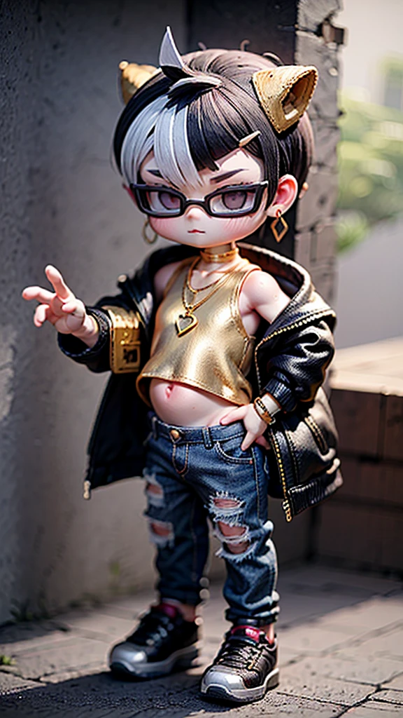 A unique character of a 3--old with the following features: obese body, short legs, protruding belly, wearing sunglasses, earrings, a tank top, a hooded jacket pushed down to his shoulders, a mohawk hairstyle, baggy jeans, a gold necklace, and a gold bracelet. He looks like a baby gaer.