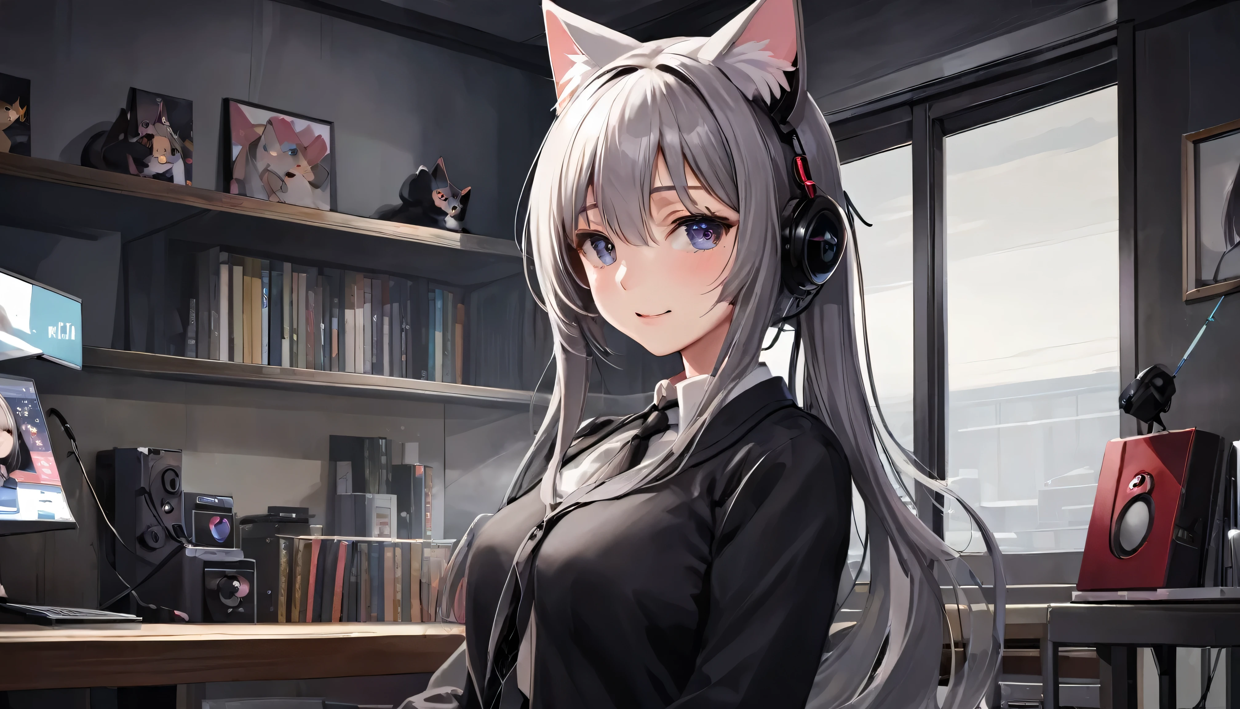 One girl, That will happen, View your viewers, Gray Hair, there is nothing, Cat ear, Cat's Tail, White shirt, Open clothes, Russian cities, ba-shiroko