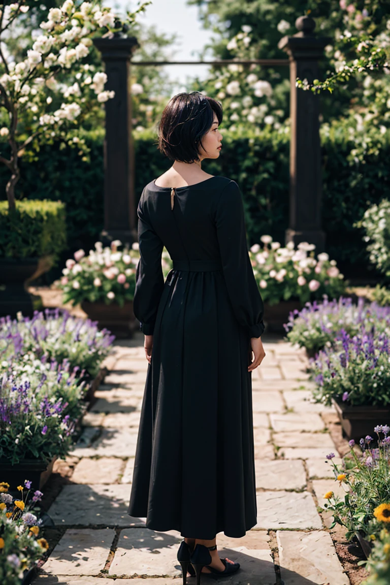 shot by Sony a7 IV Mirrorless Camera, natural light, analog film photo, Kodachrome ,A realistic depiction of a short-haired woman dressed in modest, elegant clothing, standing gracefully in a garden filled with black flowers. The dark petals contrast beautifully with her attire, creating a serene and mysterious atmosphere. The background should showcase the intricate details of the black flower garden, with soft lighting that highlights the woman's composed expression and the tranquility of the scene