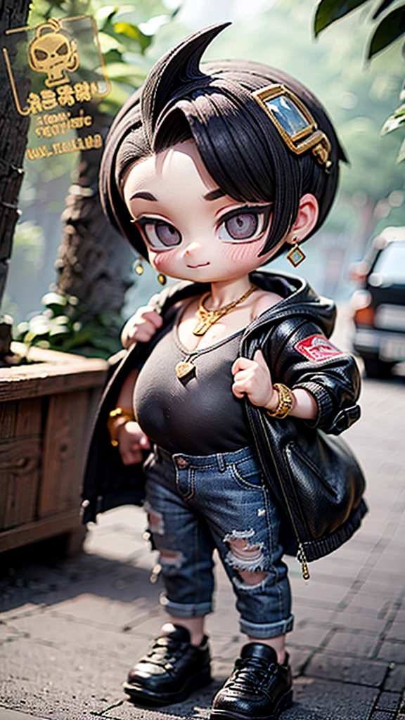 A unique character of a 3-year-old boy with the following features: obese body, short legs, protruding belly, wearing sunglasses, earrings, a tank top, a hooded jacket pushed down to his shoulders, a mohawk hairstyle, baggy jeans, a gold necklace, and a gold bracelet. He looks like a baby gangster.