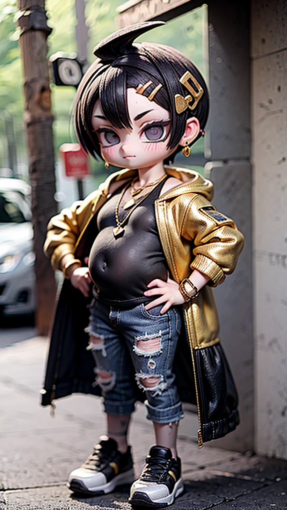 A unique character of a 3--old  with the following features: obese body, short legs, protruding belly, wearing sunglasses, earrings, a tank top, a hooded jacket pushed down to his shoulders, a mohawk hairstyle, baggy jeans, a gold necklace, and a gold bracelet. He looks like a baby gaer.