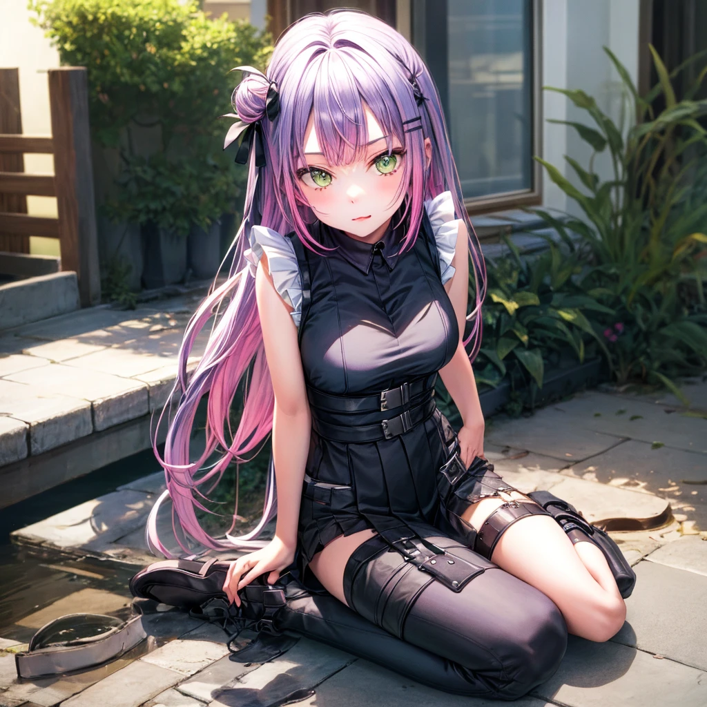 solo、1girl、full-body portraits、sleeveless、sitting down、White-colored skin,Large Breasts,