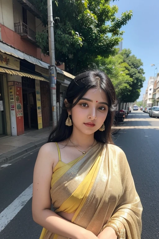 (((desi girl))), chubby face, natural skin, wearing saree, charming black hair, street background, selfie, natural picture shades, Indian girl, selfie photo, Indian street, Indian girlfriend, desi girl, Indian background, realistic selfie