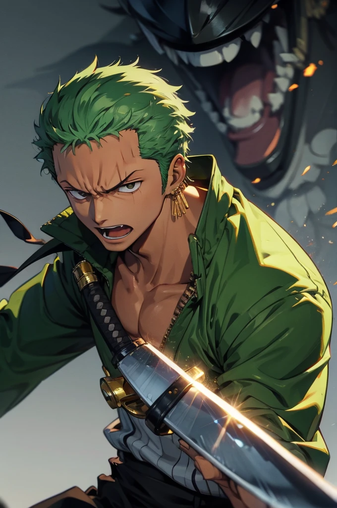 Please create a cool close-up illustration of an angry male character from ONE PIECE.Roronoa Zoro, Zoro from One Piece,cool、knife,Eye wounds、dramatic