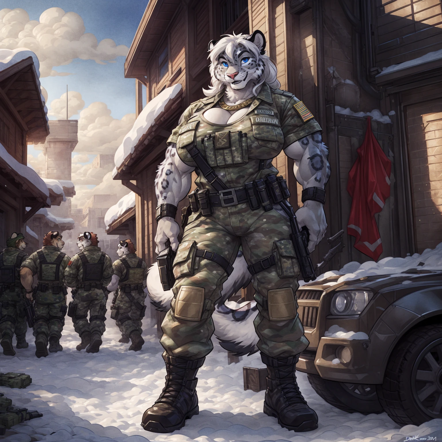 solo, 1girl, snow leopard, white hair, blue eyes, female, buff, muscular, huge breasts, gold eyes, highly detailed eyes, Amazon, wearing camouflage_uniform, (urban uniform:1.2), military camp, rolled sleeves, shirt, trousers, cleavage, standing upright, combat boots, full body, smiling, friendly, looking at viewer, realistic lighting, by darkgem, by wfa, by bng,