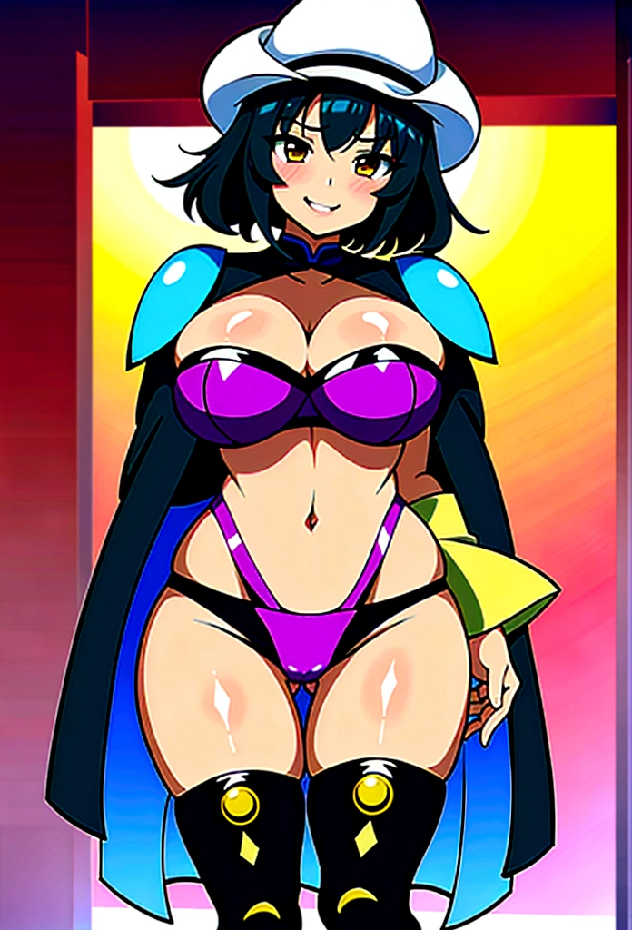 Circular shades, dark skin, afro-Caribbean, short wavy hair, light arburn eyes, dark lip stick, dark lip gloss, athletic, cleavage, smirking, wide eyes, green cape, cherry blossom print kunoichi armor, thick thighs voluptuous square physique, hands behind back, standing, facing viewer, tone, mischievous smile, celshaded,anime screencap