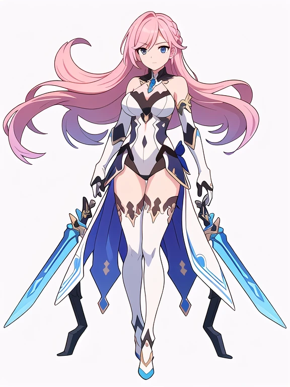 (((Best Quality))) , ((full body)), An adult female, (((white background))), variety of hairstyles, variety of design, gauntlets, leotard, body stocking, (cropped shoulders), sword, holding sword, gloves, stand posture, ((skyblue theme costume)), pink hair,