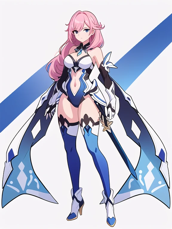 (((Best Quality))) , ((full body)), An adult female, (((white background))), variety of hairstyles, variety of design, gauntlets, leotard, body stocking, (cropped shoulders), sword, holding sword, gloves, stand posture, ((skyblue theme costume)), pink hair,