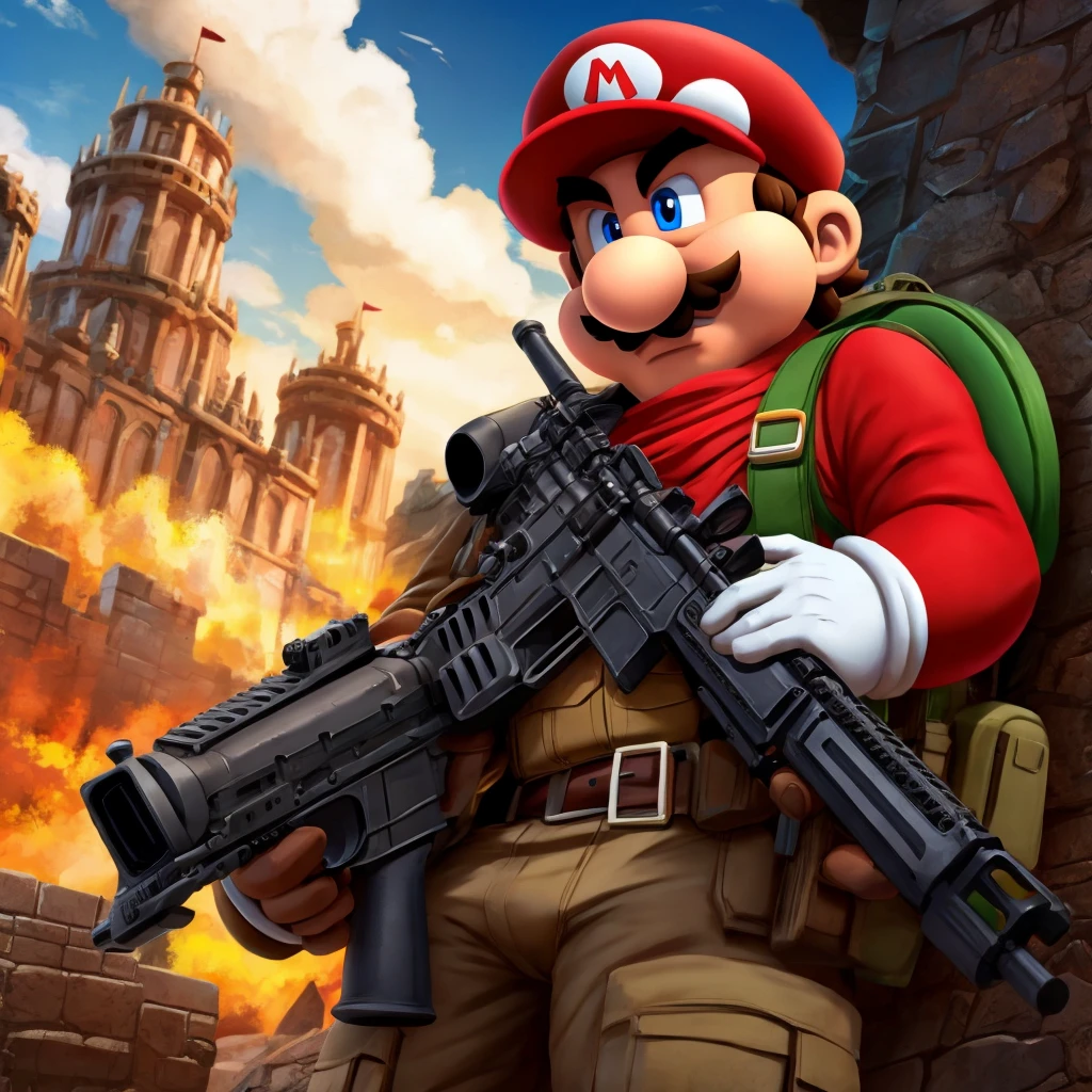 Mario hold an assault rifle in his hands