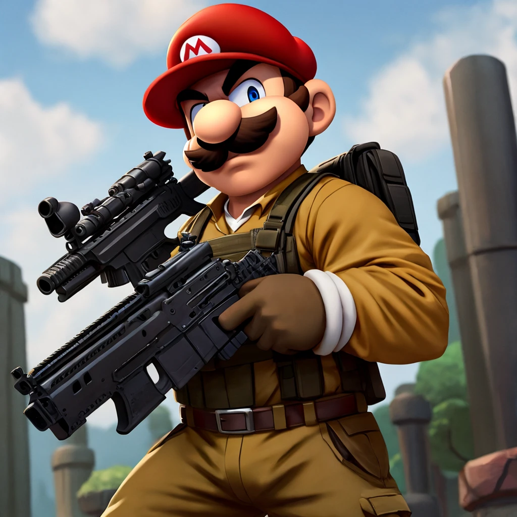 Mario hold an assault rifle in his hands