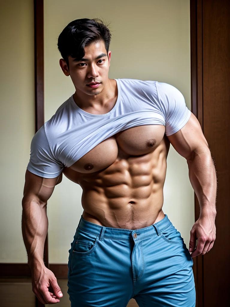 Realistic​ photography​ of a​​​​ korean-thai cute boy​, 20 ages​​​ , wearing​ shirt​, at​ random,movement dynamic pose very cool,big pecs
