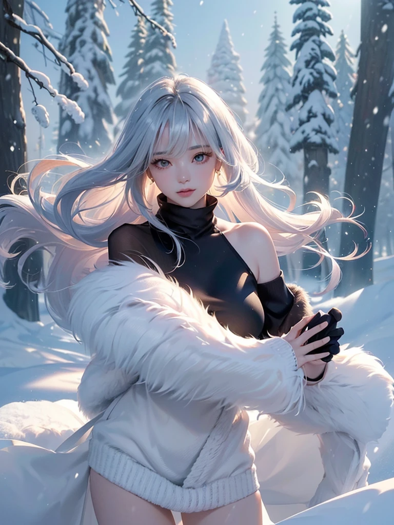 ((masterpiece:1.5、8k、Portraiture、フォトリアリスティックでVery detailedなCG、Very detailed、Particle Effects、Dynamic Effects、Shallow depth of field、Cinematic Light、Lens flare、Ray Tracing、Tabletop、Realistic:1.4、Ultra-high resolution:1.2、Realistic、Realistic))((alone、,Woman wearing an off-the-shoulder fur sweater:1.4、Elegant woman posing、Detailed face、bright表情、young, bright, Whiter skin、Ample breasts、Best Looks、Ultimate beauty、Shiny silver hair with highlights、bright and shiny hair,、Super long, Silky straight hair、Hair dancing in the wind))(morning、The setting is outdoors in the snow、Lots of dead trees)