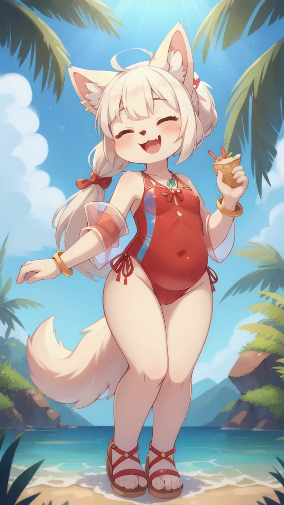 closed eyes, furry, solo, white fur, happy, jewelry, animal ears, animal nose, tail, holding, bracelet, full body, 1girl, one-piece swimsuit, standing, smile, fang, swimsuit, blush, white hair, furry female, see-through, open mouth, body fur, sandals, food, ^ ^, arm up, sidelocks, innertube, holding food, ponytail, dog tail, skewer, water, border, hair ornament, dog ears, hand up, skin fang, :3, ribbon, dog girl, red ribbon, two-tone fur, topknot, holding innertube, see-through sleeves, bangs, star \(symbol\), chubby,