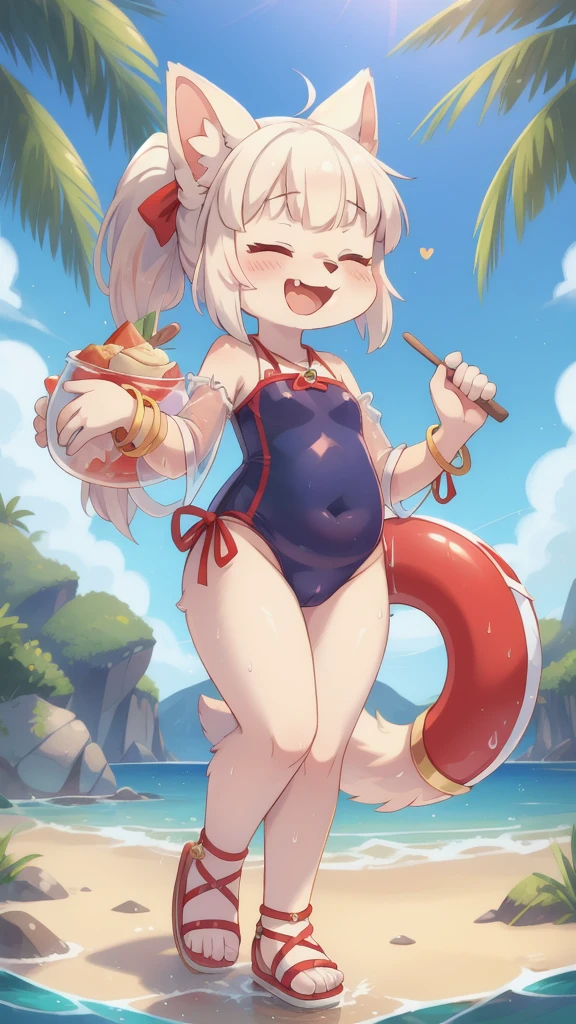 closed eyes, furry, solo, white fur, happy, jewelry, animal ears, animal nose, tail, holding, bracelet, full body, 1girl, one-piece swimsuit, standing, smile, fang, swimsuit, blush, white hair, furry female, see-through, open mouth, body fur, sandals, food, ^ ^, arm up, sidelocks, innertube, holding food, ponytail, dog tail, skewer, water, border, hair ornament, dog ears, hand up, skin fang, :3, ribbon, dog girl, red ribbon, two-tone fur, topknot, holding innertube, see-through sleeves, bangs,  star \(symbol\), chubby,