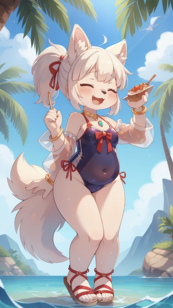 closed eyes, furry, solo, white fur, happy, jewelry, animal ears, animal nose, tail, holding, bracelet, full body, 1girl, one-piece swimsuit, standing, smile, fang, swimsuit, blush, white hair, furry female, see-through, open mouth, body fur, sandals, food, ^ ^, arm up, sidelocks, innertube, holding food, ponytail, dog tail, skewer, water, border, hair ornament, dog ears, hand up, skin fang, :3, ribbon, dog girl, red ribbon, two-tone fur, topknot, holding innertube, see-through sleeves, bangs, star \(symbol\), chubby,