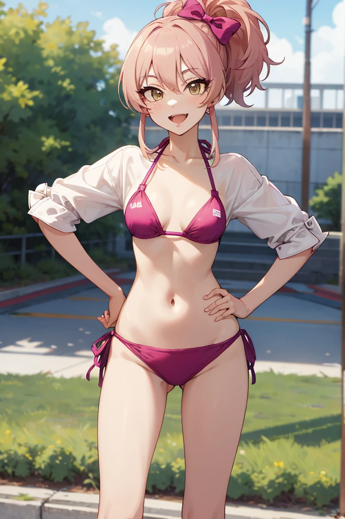 masterpiece, best quality, highres, aamika, ponytail, hair bow, , standing, cowboy shot, outdoors, hands on hips, smile,wink,bikini,open mouth,tongue