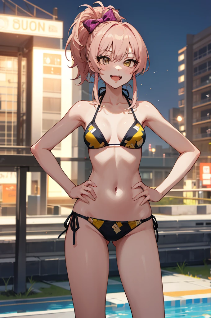 masterpiece, best quality, highres, aamika, ponytail, hair bow, , standing, cowboy shot, outdoors, hands on hips, smile,wink,bikini,open mouth,tongue