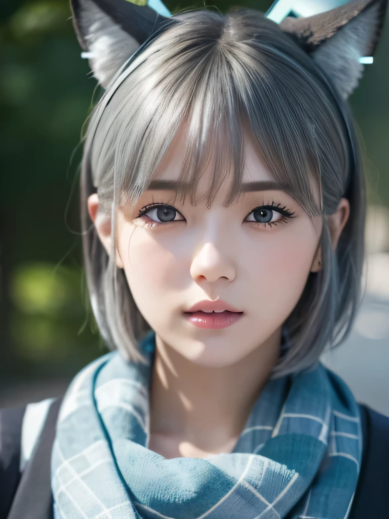 checkered clothes, aqua blue checkered skirt, , skirt, aqua blue scarf, break,
((from front, Face)), wariza, (beautiful japanese girl), (Shot with Canon EOS 5D Mark 4 and Canon EF Lens 180mm F2.4L lens, F value 2.4, ISO 50, shutter speed ), beautiful and fine eyes, perfection , perfection, roll your eyes, detailed face, fine eyes, excellent quality, masterpiece, very detailed, Advanced level of detail, many details, high quality, cinematic light, real hands, (super realistic:1.3), high school student , perfect eyes, detailed skin, skin blemish, 156cm toll, lip gloss, break,
shiroko, animal ears, blue eyes, grey hair, hair ornament, hairpin, ((halo)), ((short hair)), wolf ears, break,
