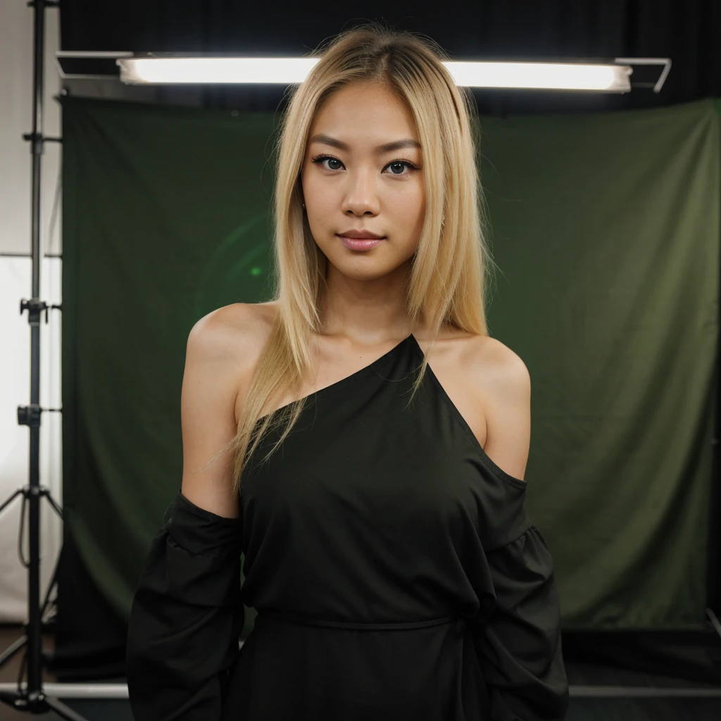 an eye contact of a blond with shoulder length hair and dark theme. Half American half Asian really cute. Infront of a green screen.