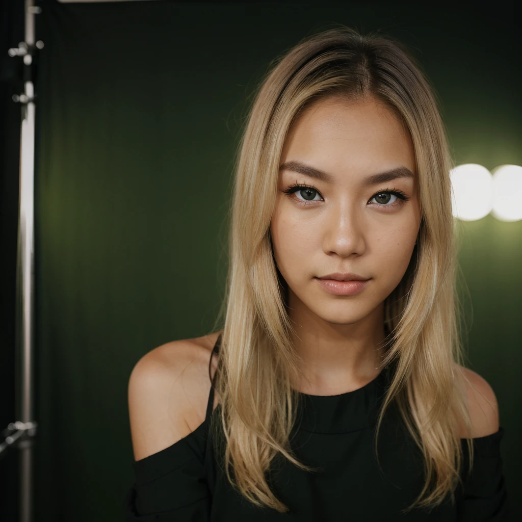 an eye contact of a blond with shoulder length hair and dark theme. Half American half Asian. With a green screen.