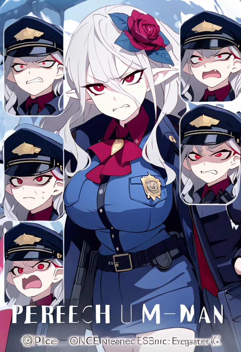 ((Perfect human body)),One girl, Red eyes, Wavy silver hair, Pointed Ears, vampire, Drooping eyes,Police uniform,Angry expression,Police hat,skirt,Mobile Task Force Equipment,Big Breasts,Hair Flowers, snow, ice, whole body,Character portrait