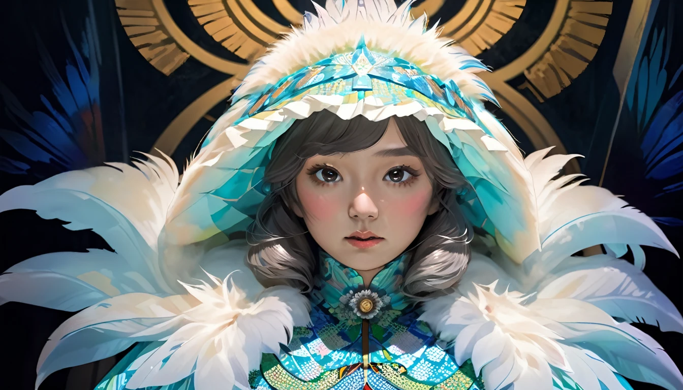 (Positive focus, Original photo), Portrait close-up, (In the Dark:1.1), Surrealist Female Portraits: David Hockney and Alphonse Mucha, Fantasy art, 1 Girl, Wear gorgeous fur with realistic photos, Dynamic Lighting, Art Station, Poster, Volumetric lighting, Highly detailed face, 4k yen, Award Announcement, Shadow, Modest, (Official Costume: 1.4, Gorgeous fur, Elaborate costumes, fur), Looking into the camera, Bust Shot, ((Realistic Face))),