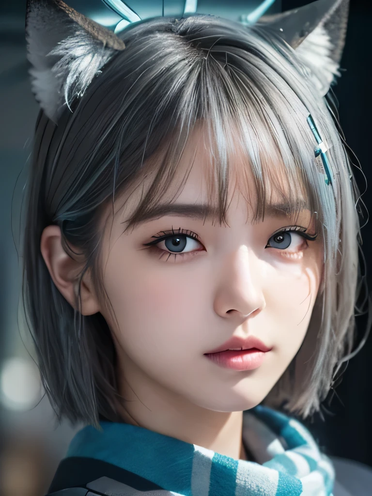 checkered clothes, aqua blue checkered skirt, , skirt, aqua blue scarf, break,
((from front, Face)), wariza, (beautiful japanese girl), (Shot with Canon EOS 5D Mark 4 and Canon EF Lens 180mm F2.4L lens, F value 2.4, ISO 50, shutter speed ), beautiful and fine eyes, perfection , perfection, roll your eyes, detailed face, fine eyes, excellent quality, masterpiece, very detailed, Advanced level of detail, many details, high quality, cinematic light, real hands, (super realistic:1.3), high school student , perfect eyes, detailed skin, skin blemish, 156cm toll, lip gloss, break,
shiroko, animal ears, blue eyes, grey hair, hair ornament, hairpin, ((halo)), ((short hair)), wolf ears, break,