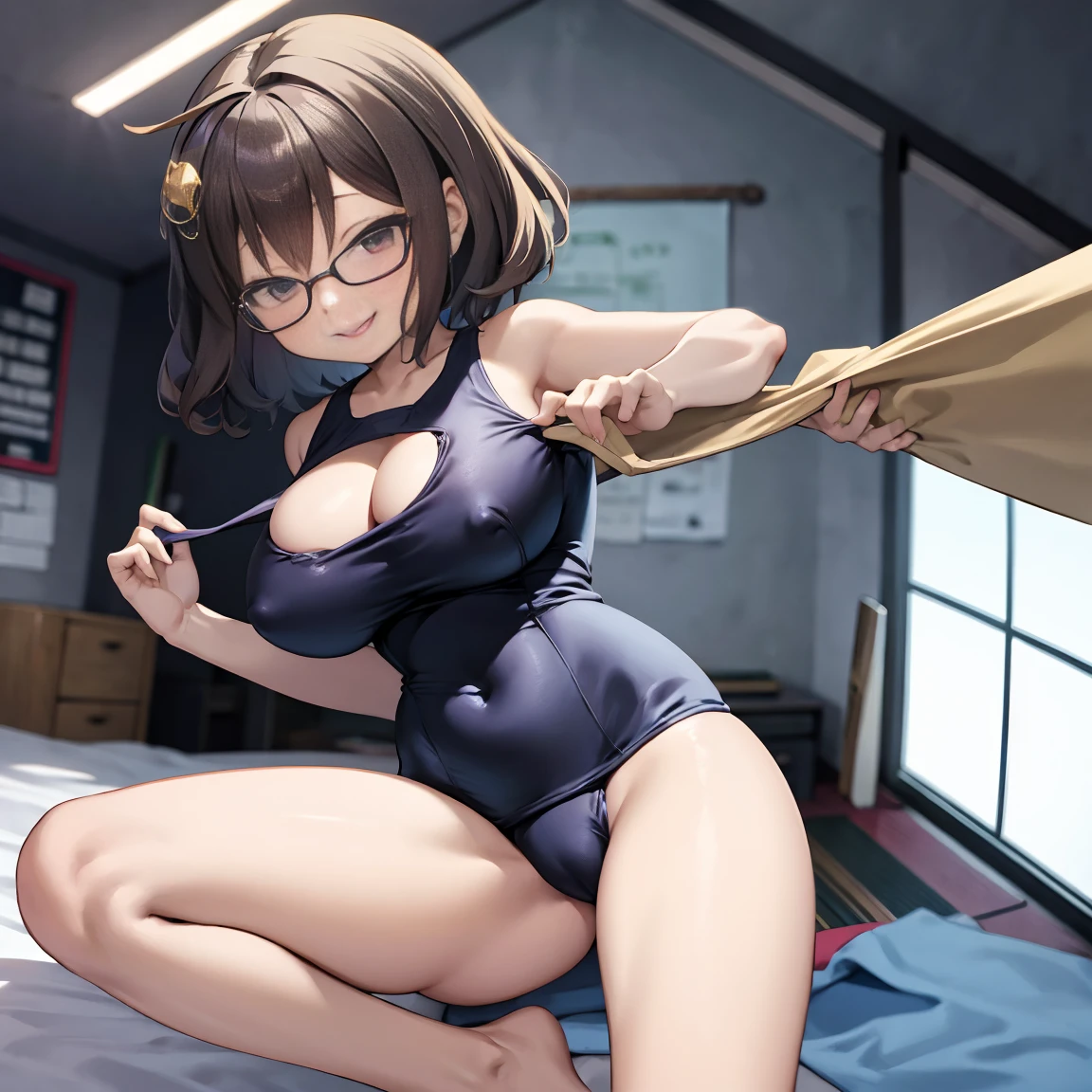 8k、masterpiece、Japanese、Woman wearing glasses、anise、from the front、smile、Childish、Big Breasts、Sheer School Swimsuit、night、Bedroom、Move the cloth between your legs to show