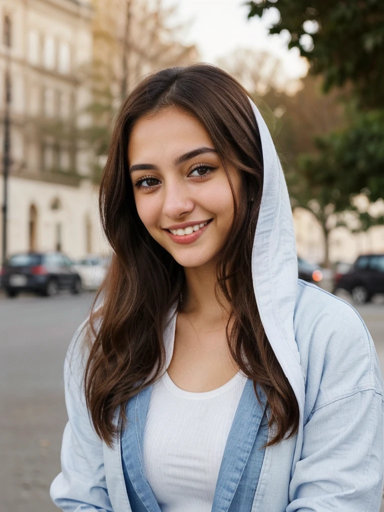 one cute women, 20YO, white, Arab, cute face, realistic brown eyes, blue jacket, brown hair, cute smile, skinny face, white realistic teethes, big eyes, long hair